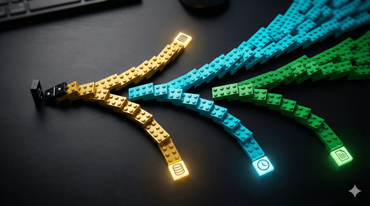 A sequence of LEGO dominos falling, representing unintended positive consequences